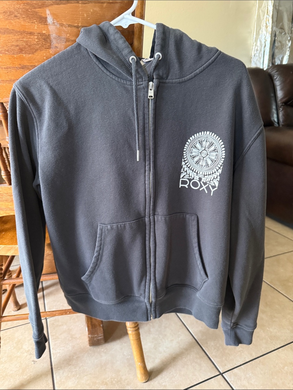 Roxy Charcoal Gray Zip Hoodie with White Logo